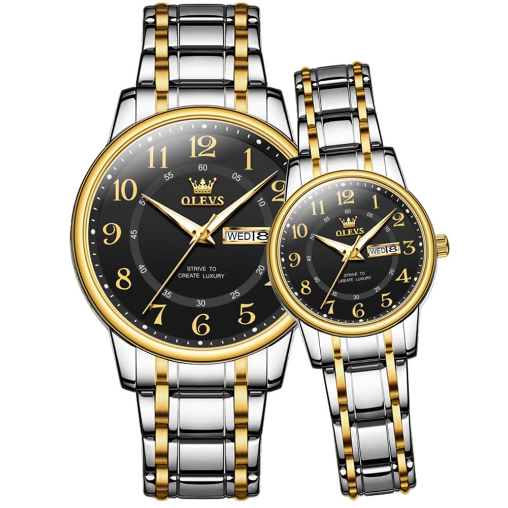 OLEVS 2891 Classic Digital Dial Couples Watch Set for Men Women - Black with Gold Watch | Olevs Watch Store