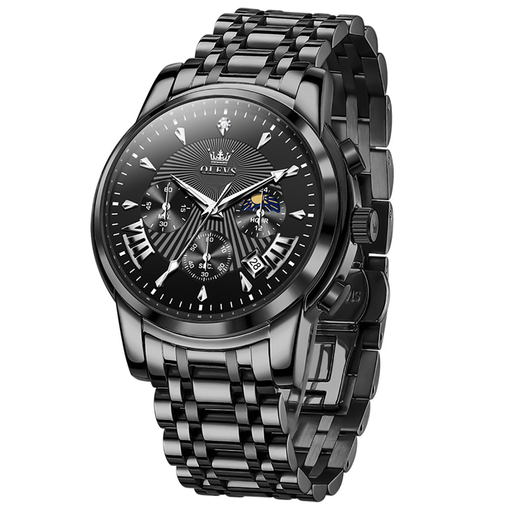 OLEVS 2892 Steel Chronograph Quartz Watch for Men - All Black Silver Accent Watch | Olevs Watch Store