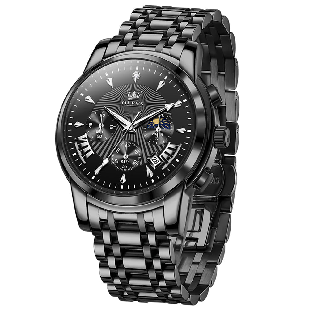 OLEVS 2892 Steel Chronograph Quartz Watch for Men - All Black Silver Accent Watch | Olevs Watch Store