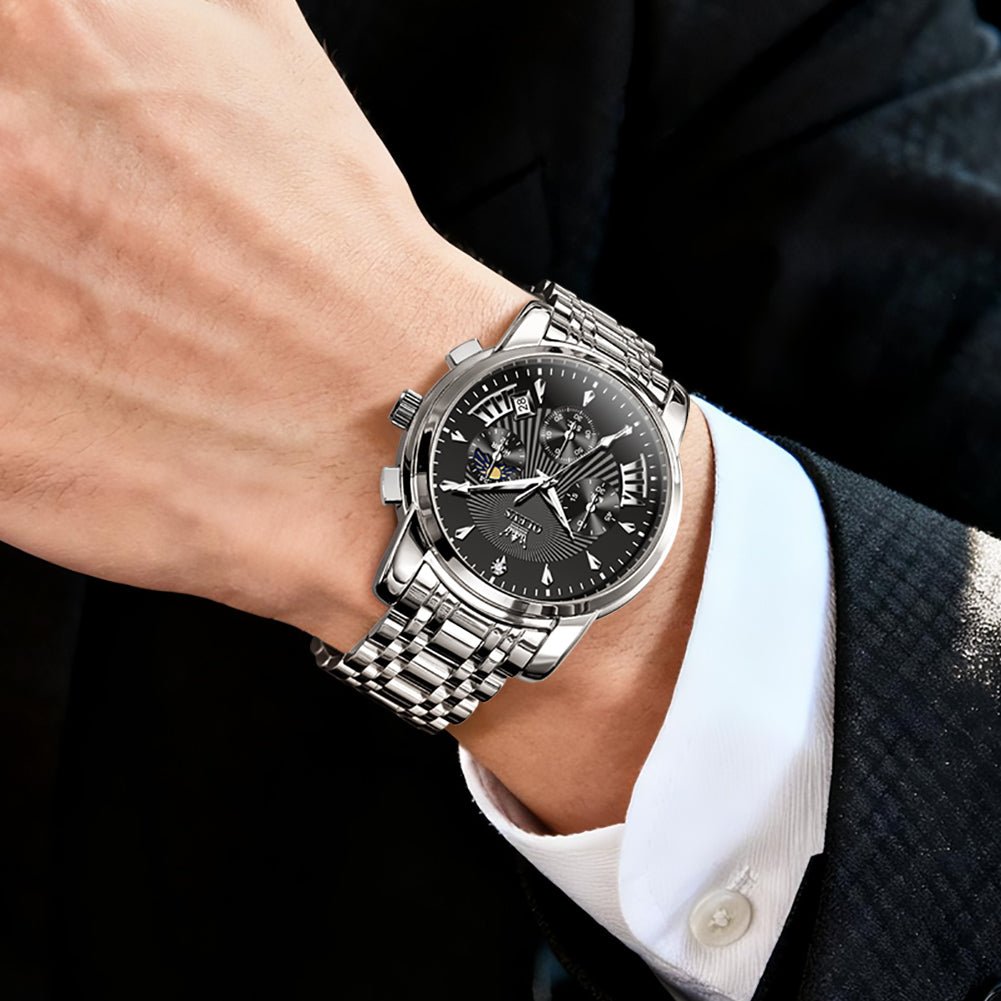 OLEVS 2892 Steel Chronograph Quartz Watch for Men - All Black Silver Accent Watch | Olevs Watch Store
