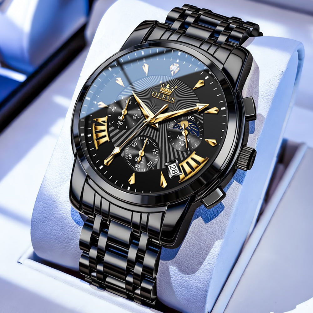 OLEVS 2892 Steel Chronograph Quartz Watch for Men - All Black Silver Accent Watch | Olevs Watch Store