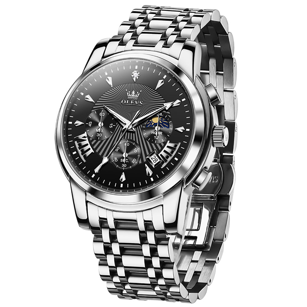 OLEVS 2892 Steel Chronograph Quartz Watch for Men - Silver Black Watch | Olevs Watch Store