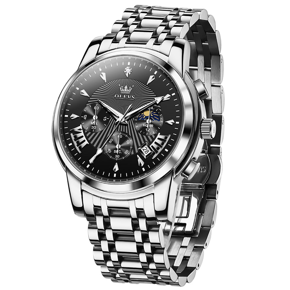 OLEVS 2892 Steel Chronograph Quartz Watch for Men - Silver Black Watch | Olevs Watch Store