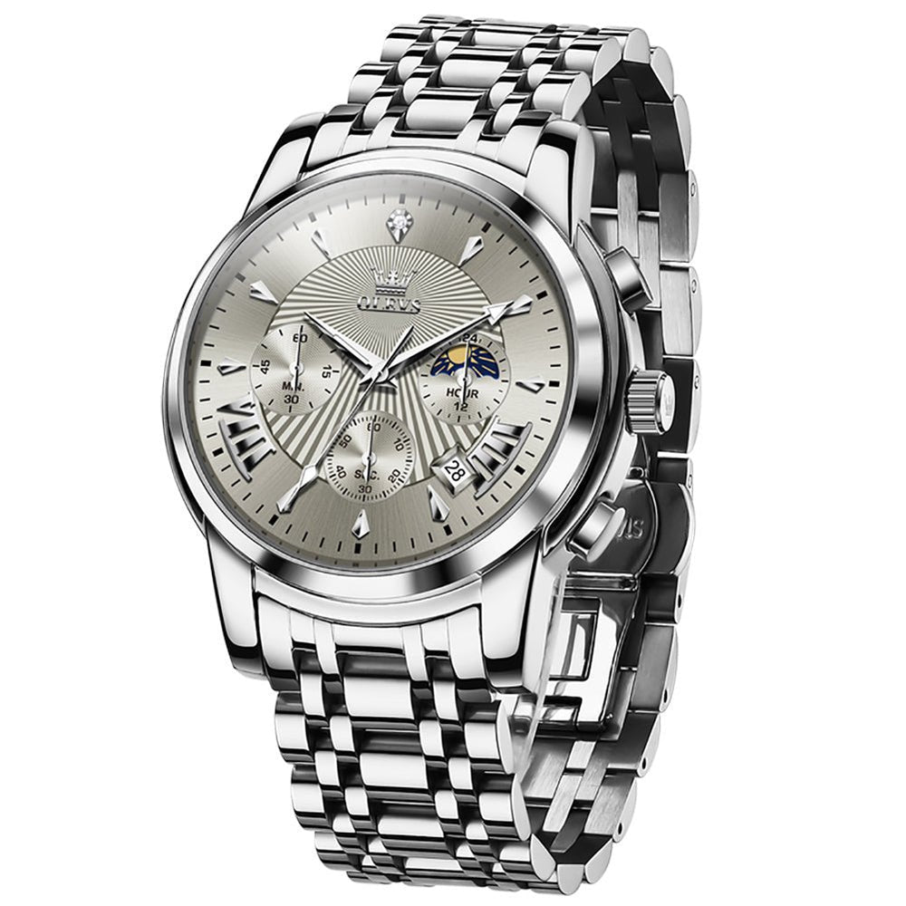 OLEVS 2892 Steel Chronograph Quartz Watch for Men - Silver Grey Watch | Olevs Watch Store