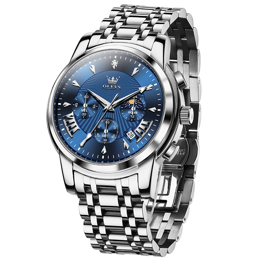 OLEVS 2892 Steel Chronograph Quartz Watch for Men - Silver Blue Watch | Olevs Watch Store
