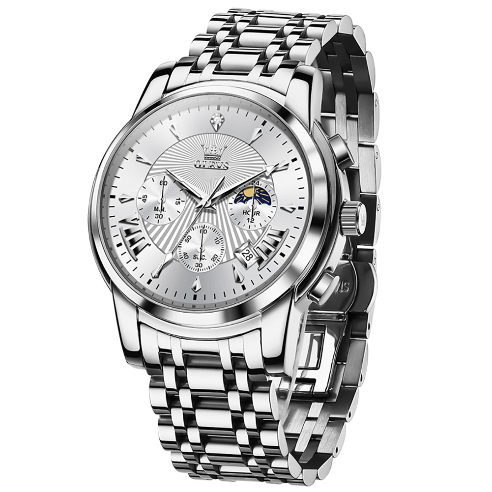 OLEVS 2892 Steel Chronograph Quartz Watch for Men - Silver White Watch | Olevs Watch Store
