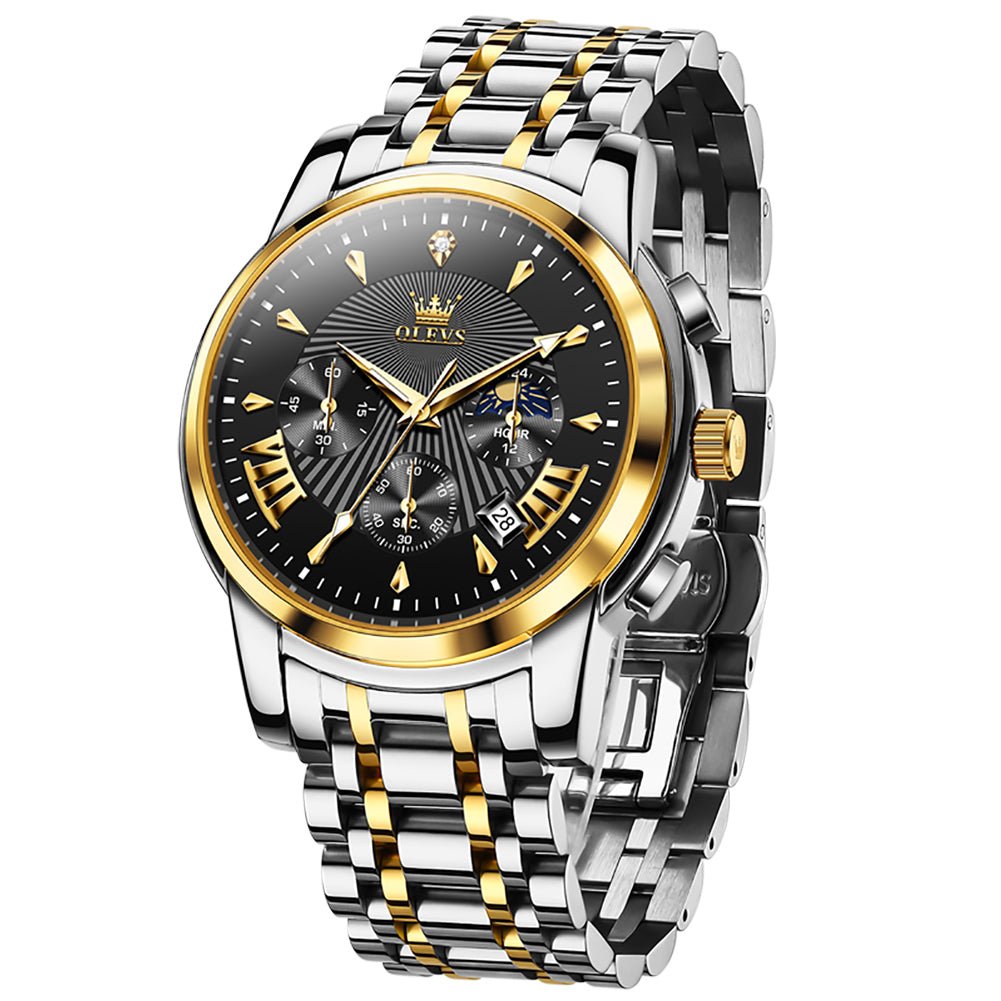 OLEVS 2892 Steel Chronograph Quartz Watch for Men - Two Tone Black Watch | Olevs Watch Store
