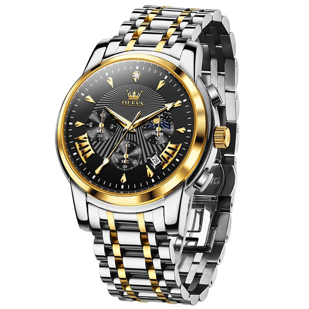 OLEVS 2892 Steel Chronograph Quartz Watch for Men - Two Tone Black Watch | Olevs Watch Store