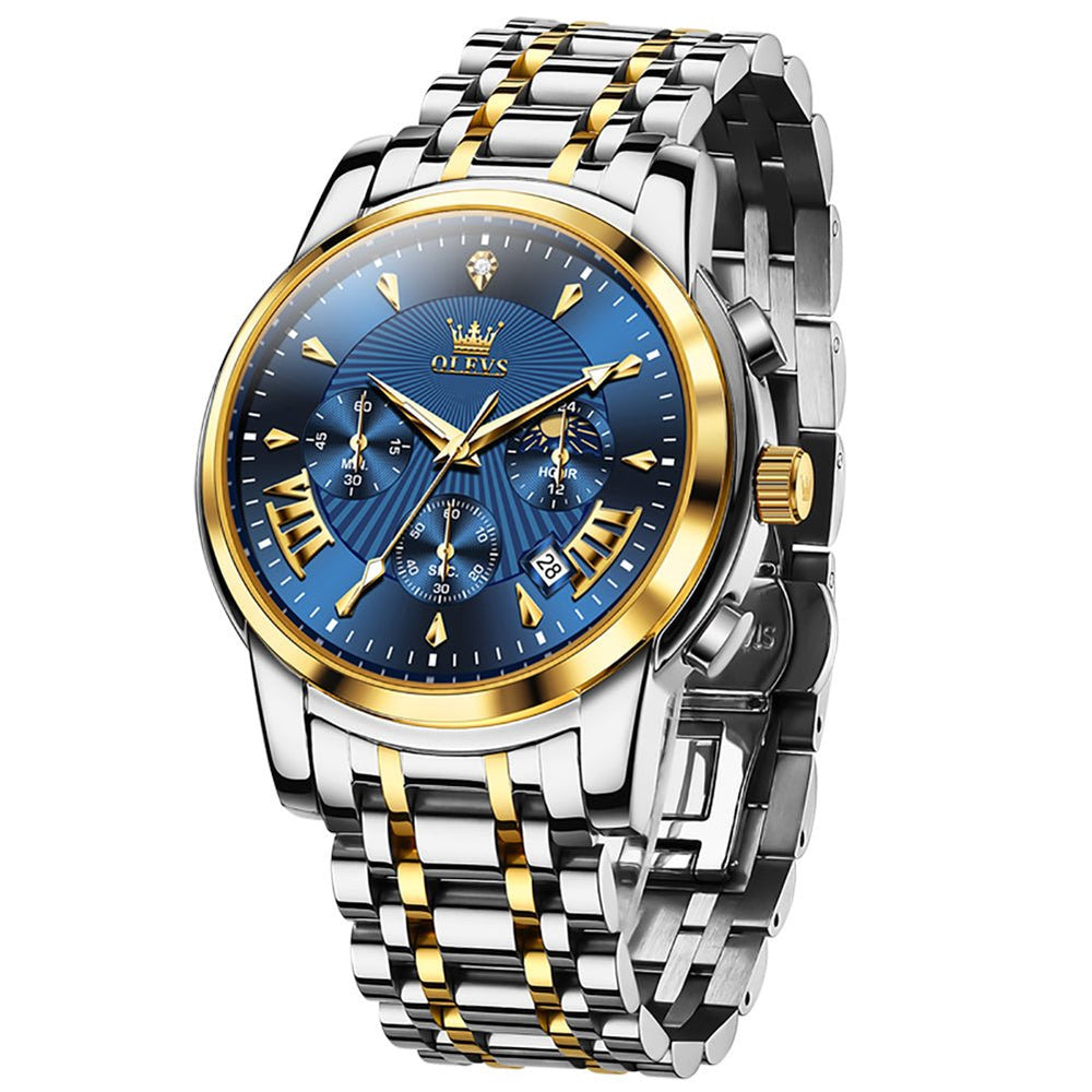 OLEVS 2892 Steel Chronograph Quartz Watch for Men - Two Tone Blue Watch | Olevs Watch Store