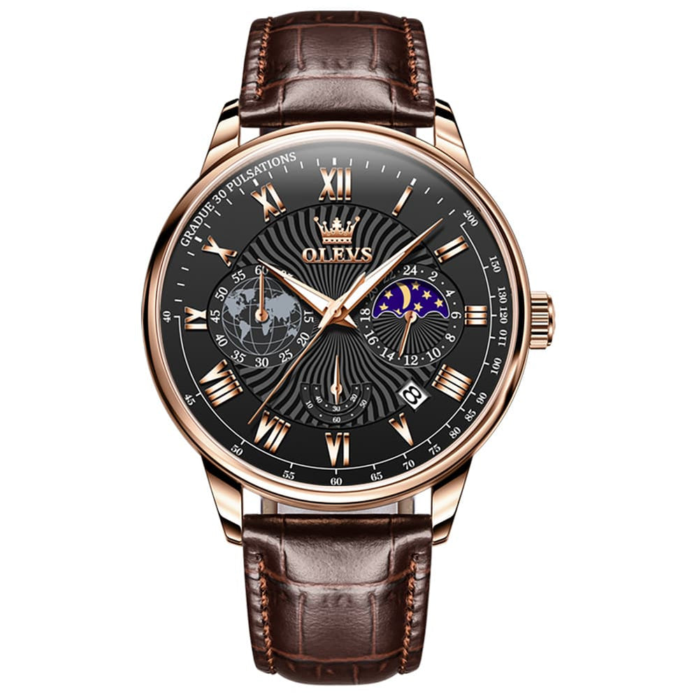 OLEVS 2893 Leather Pulsometer Moon Phase Watch for Men - Rose Gold Black Watch | Olevs Watch Store