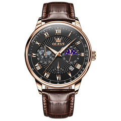 OLEVS 2893 Leather Pulsometer Moon Phase Watch for Men - Rose Gold Black Watch | Olevs Watch Store