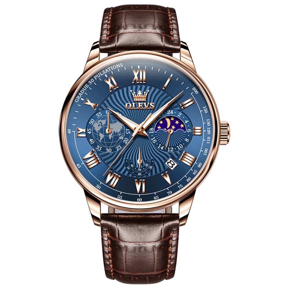 OLEVS 2893 Leather Pulsometer Moon Phase Watch for Men - Rose Gold Blue Watch | Olevs Watch Store