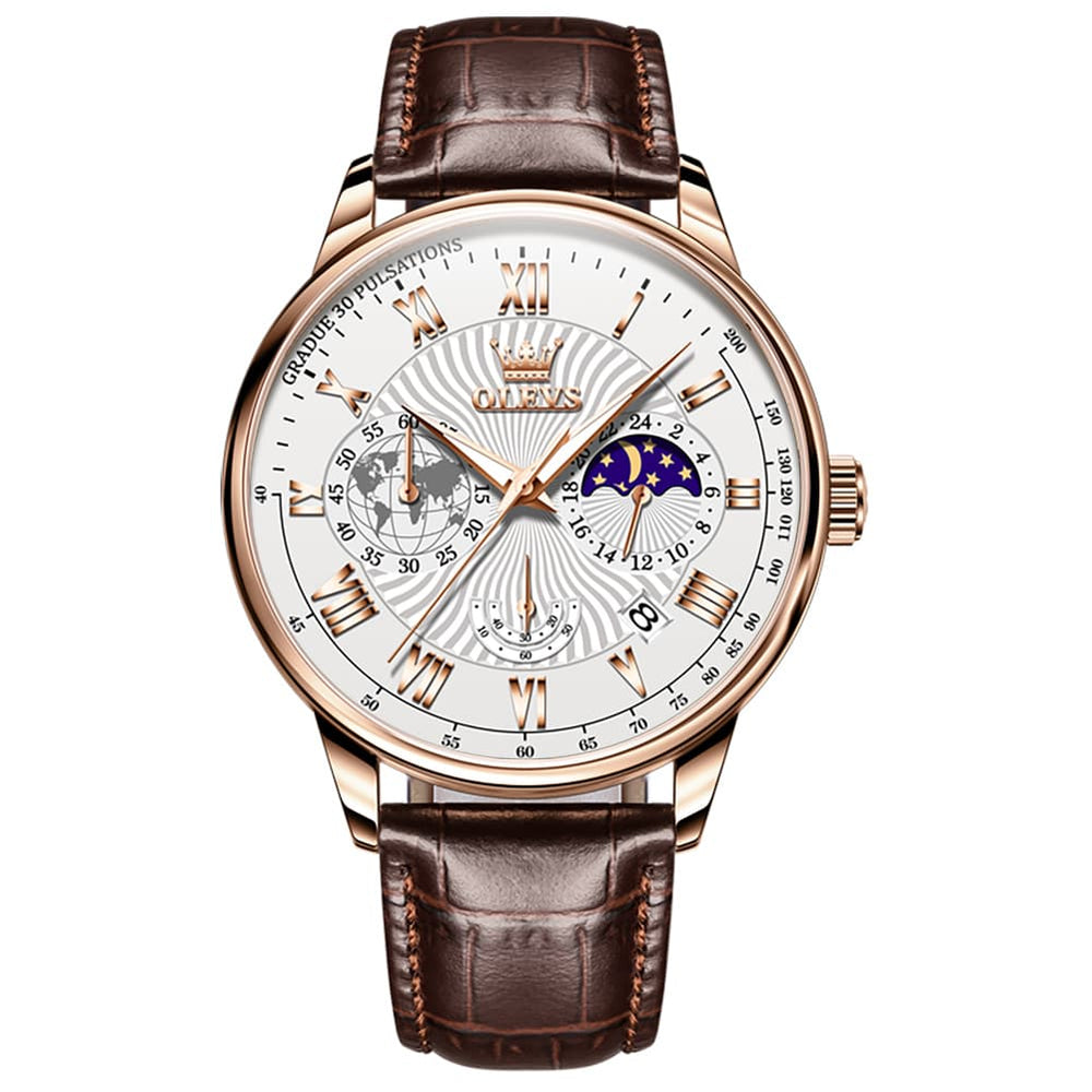 OLEVS 2893 Leather Pulsometer Moon Phase Watch for Men - Rose Gold White Watch | Olevs Watch Store