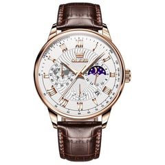 OLEVS 2893 Leather Pulsometer Moon Phase Watch for Men - Rose Gold White Watch | Olevs Watch Store
