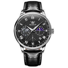 OLEVS 2893 Leather Pulsometer Moon Phase Watch for Men - Silver Black Watch | Olevs Watch Store