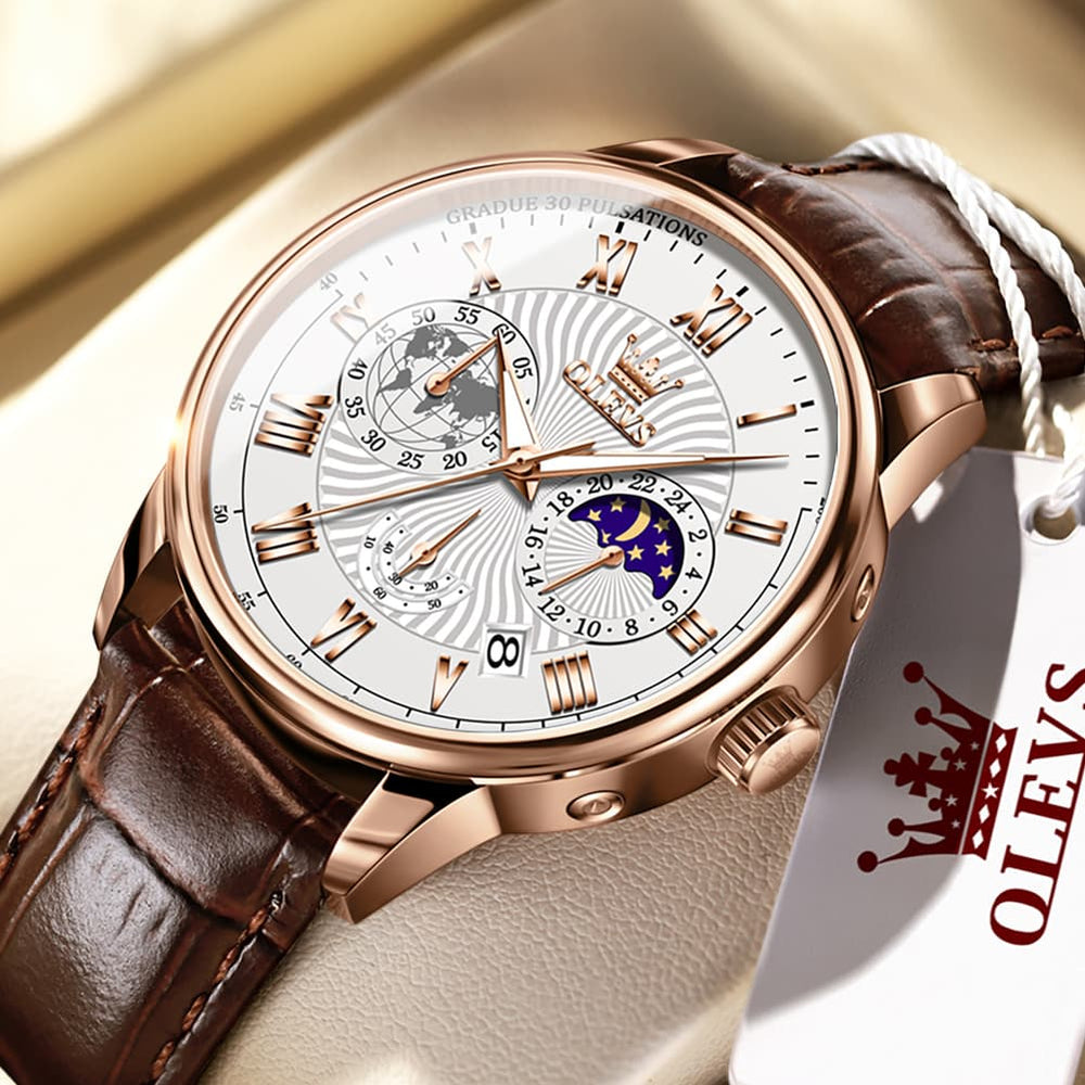 OLEVS 2893 Leather Pulsometer Moon Phase Watch for Men - Silver White Watch | Olevs Watch Store