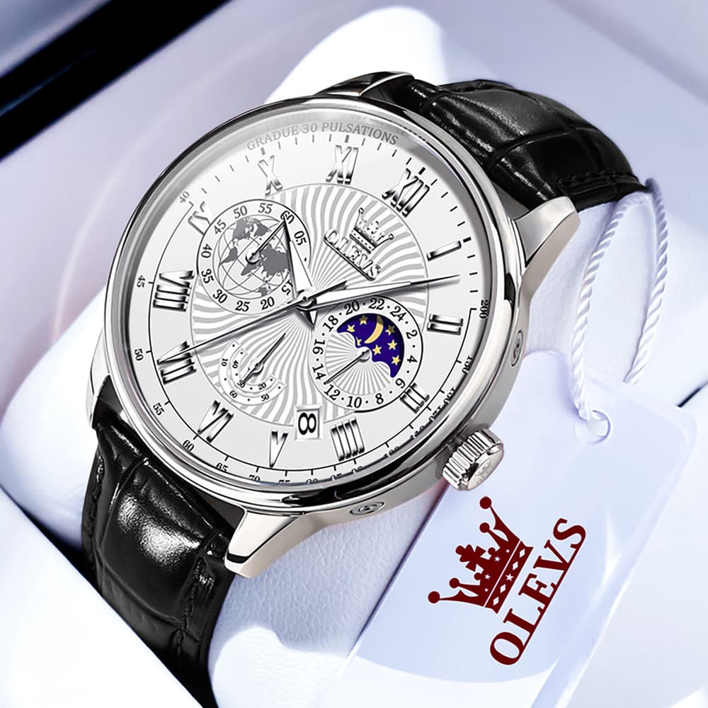 OLEVS 2893 Leather Pulsometer Moon Phase Watch for Men - Silver White Watch | Olevs Watch Store