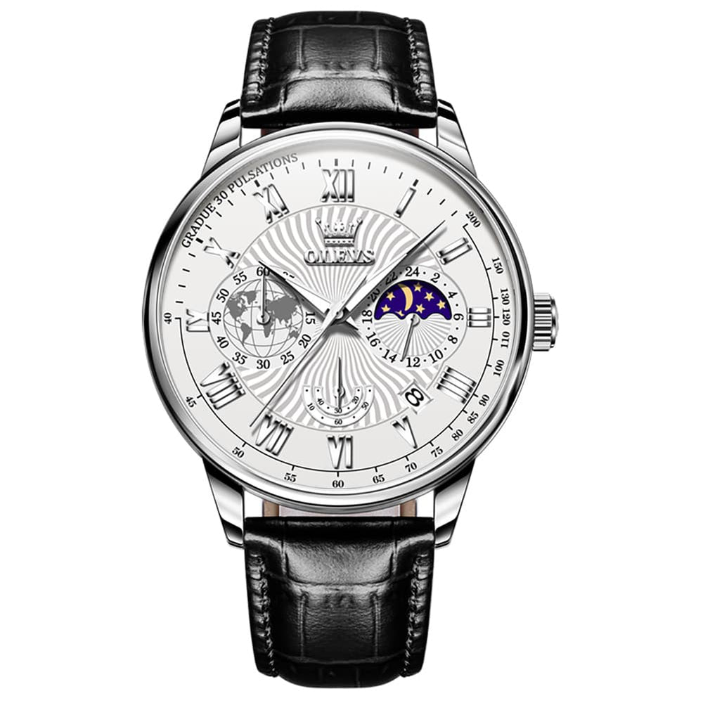 OLEVS 2893 Leather Pulsometer Moon Phase Watch for Men - Silver White Watch | Olevs Watch Store