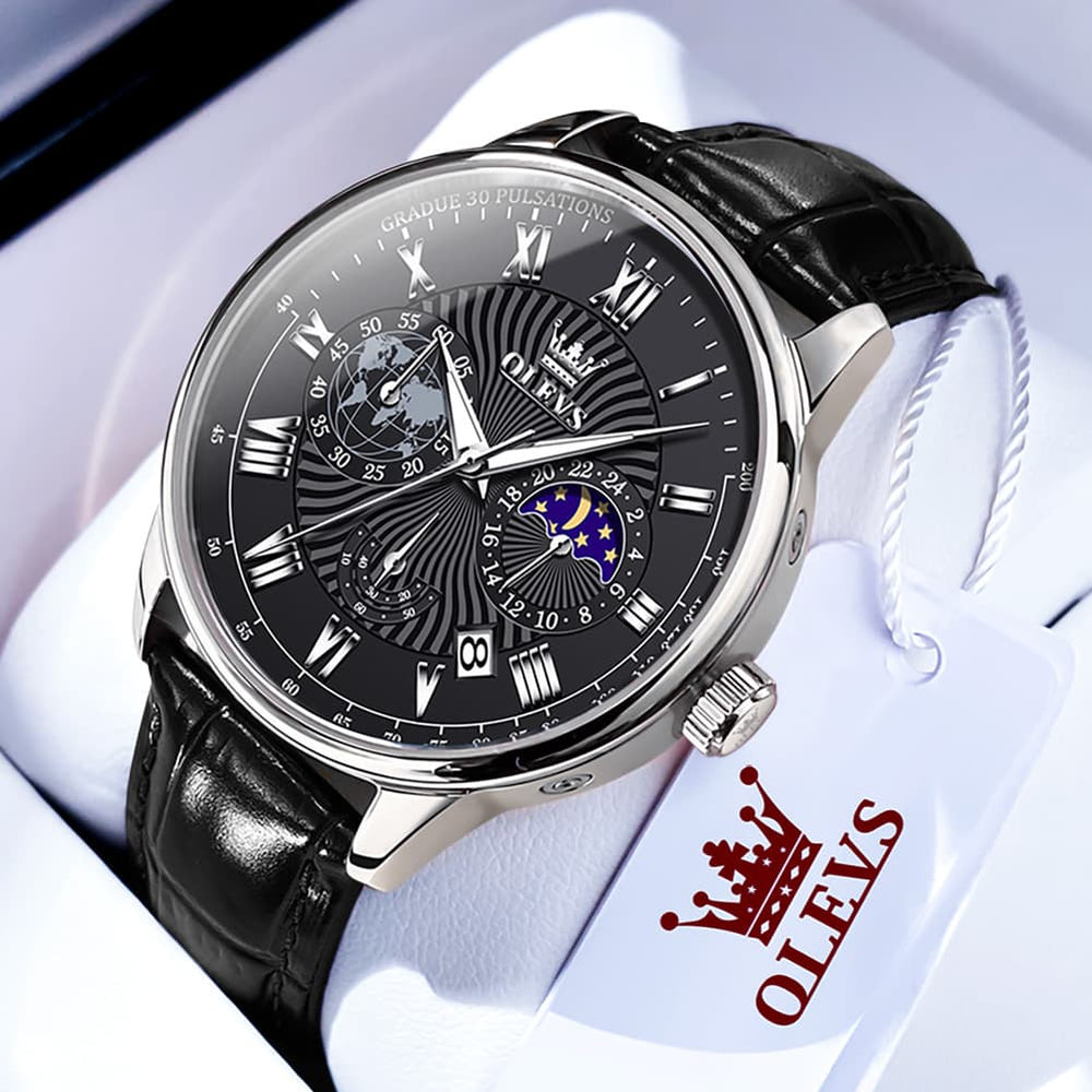 OLEVS 2893 Leather Pulsometer Moon Phase Watch for Men - Silver White Watch | Olevs Watch Store
