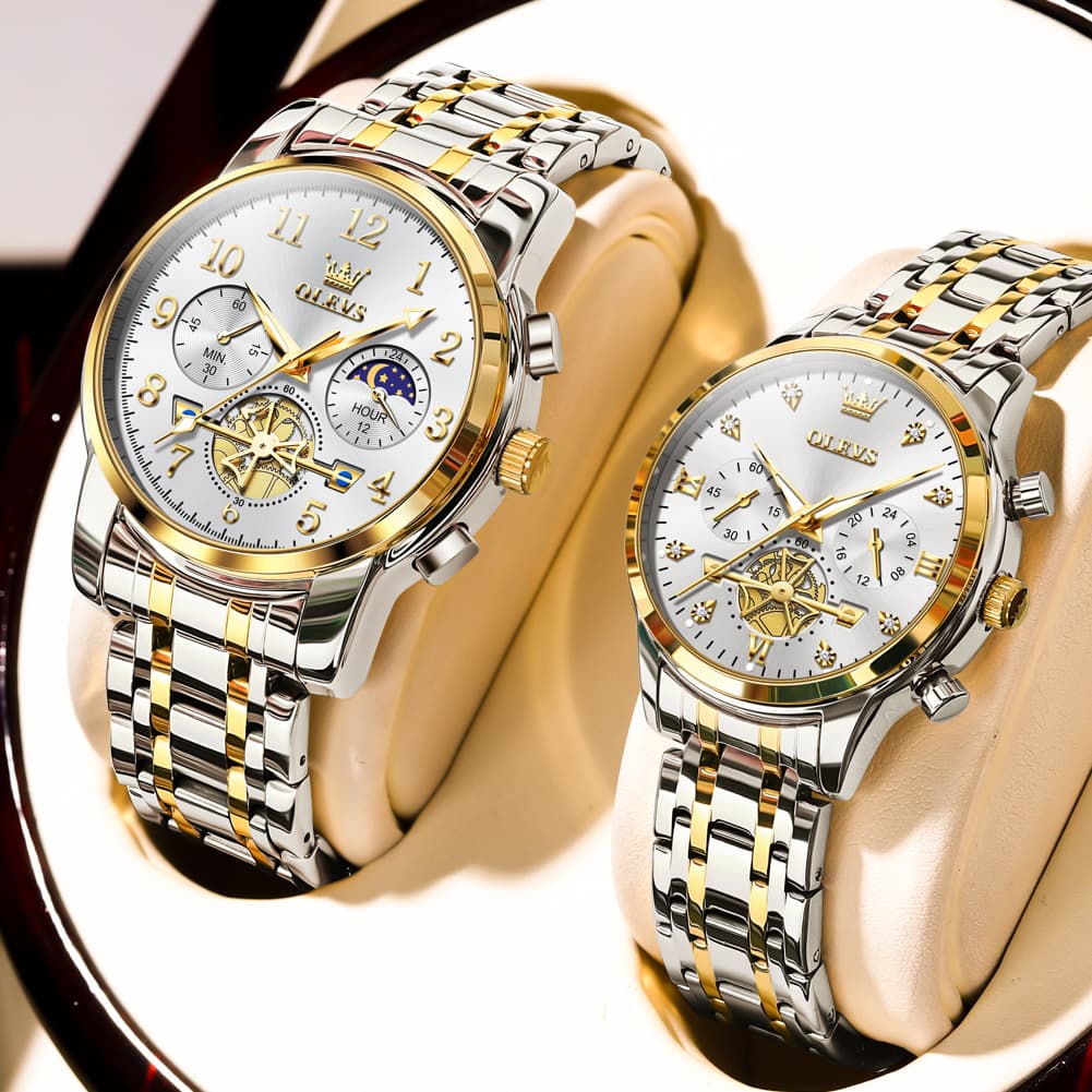 OLEVS 2900 Classic Chronograph Couples Watch Set Men Women - All Black Watch | Olevs Watch Store