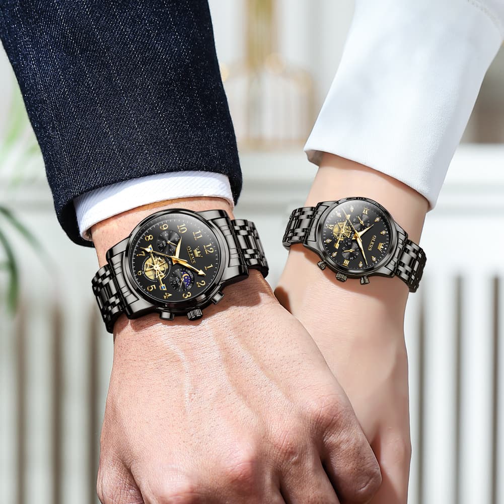 OLEVS 2900 Classic Chronograph Couples Watch Set Men Women - All Black Watch | Olevs Watch Store