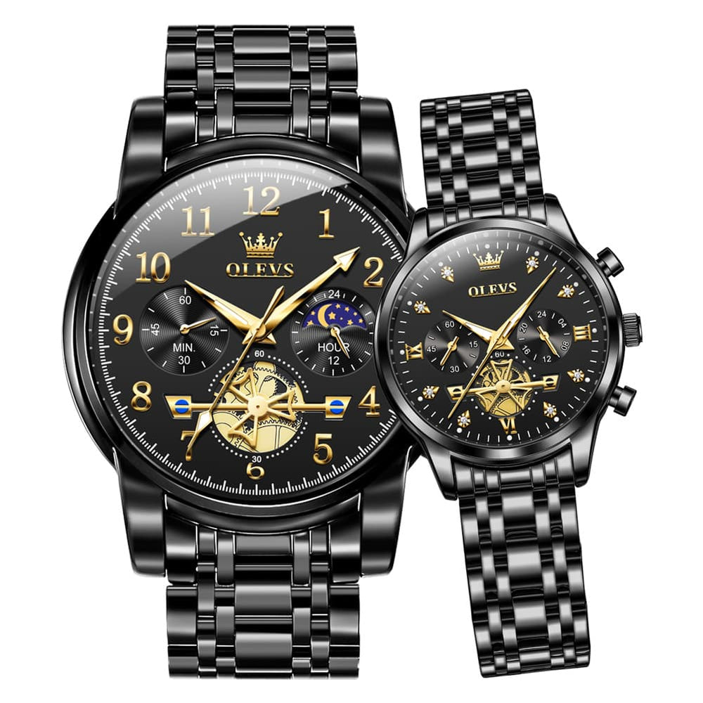 OLEVS 2900 Classic Chronograph Couples Watch Set Men Women - All Black Watch | Olevs Watch Store