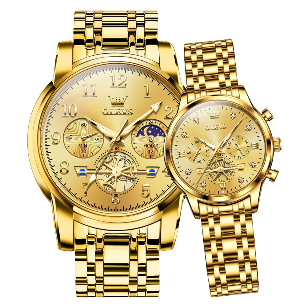 OLEVS 2900 Classic Chronograph Couples Watch Set Men Women - All Gold Watch | Olevs Watch Store