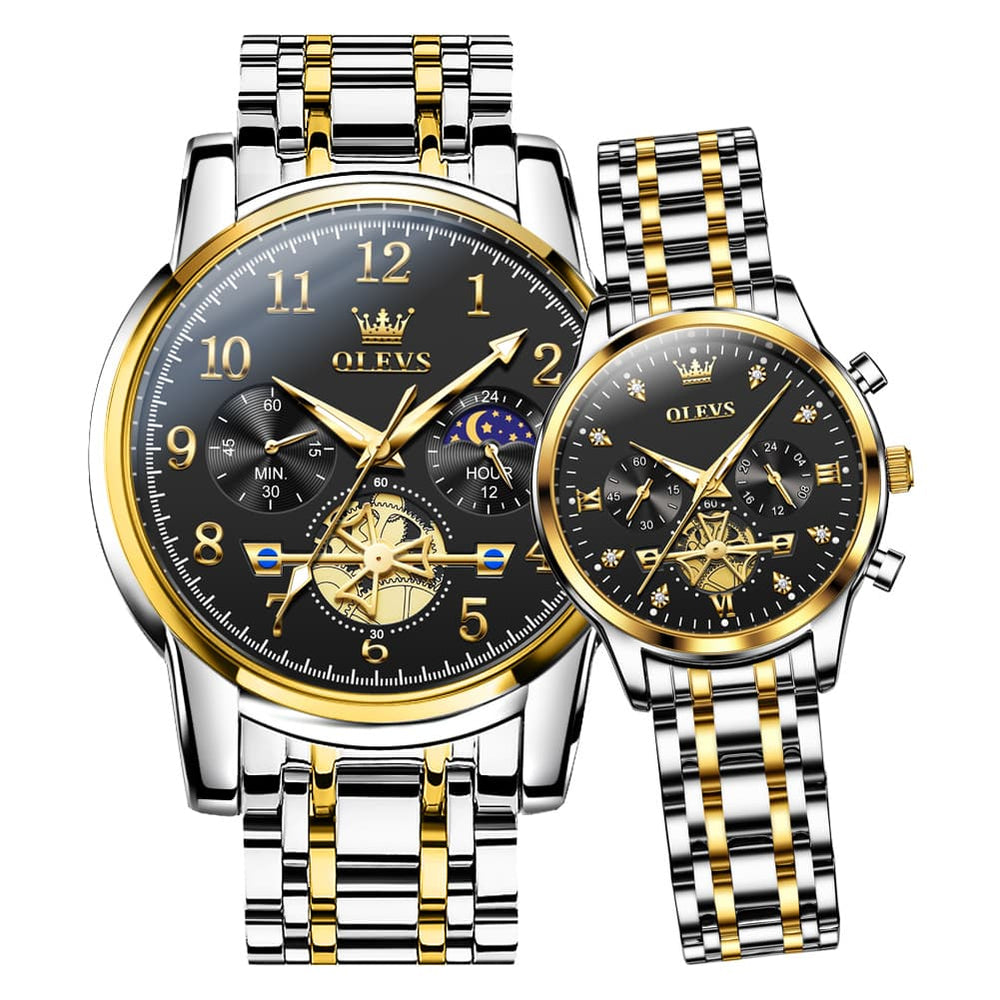 OLEVS 2900 Classic Chronograph Couples Watch Set Men Women - Gold Black Watch | Olevs Watch Store