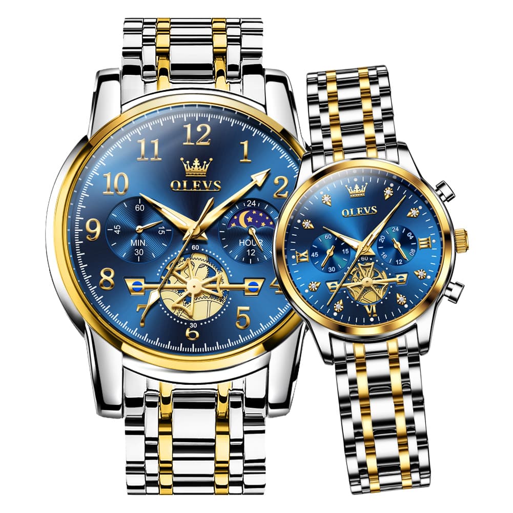 OLEVS 2900 Classic Chronograph Couples Watch Set Men Women - Gold Blue Watch | Olevs Watch Store