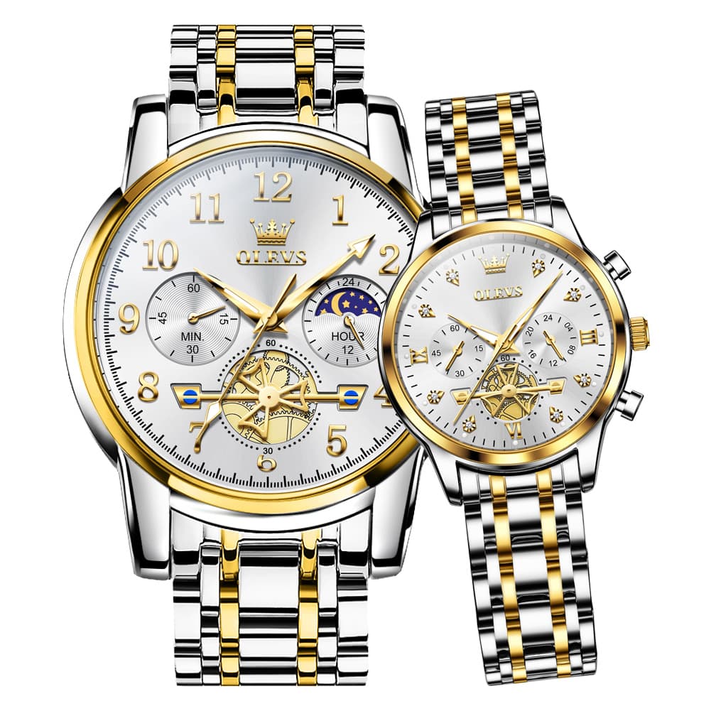 OLEVS 2900 Classic Chronograph Couples Watch Set Men Women - Gold White Watch | Olevs Watch Store