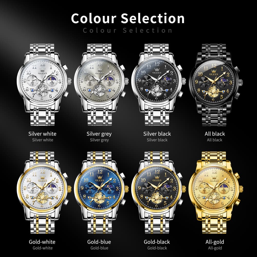OLEVS 2900 Steel Chronograph Moon Phase Watch for Men - All Gold Watch | Olevs Watch Store