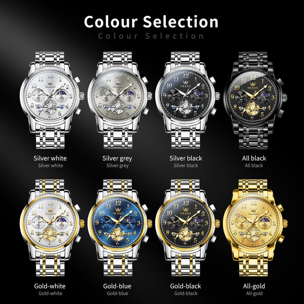 OLEVS 2900 Steel Chronograph Moon Phase Watch for Men - All Gold Watch | Olevs Watch Store