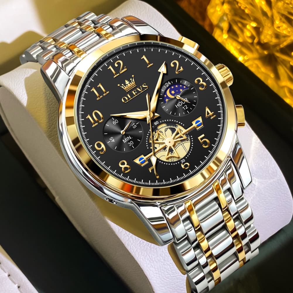 OLEVS 2900 Steel Chronograph Moon Phase Watch for Men - All Gold Watch | Olevs Watch Store
