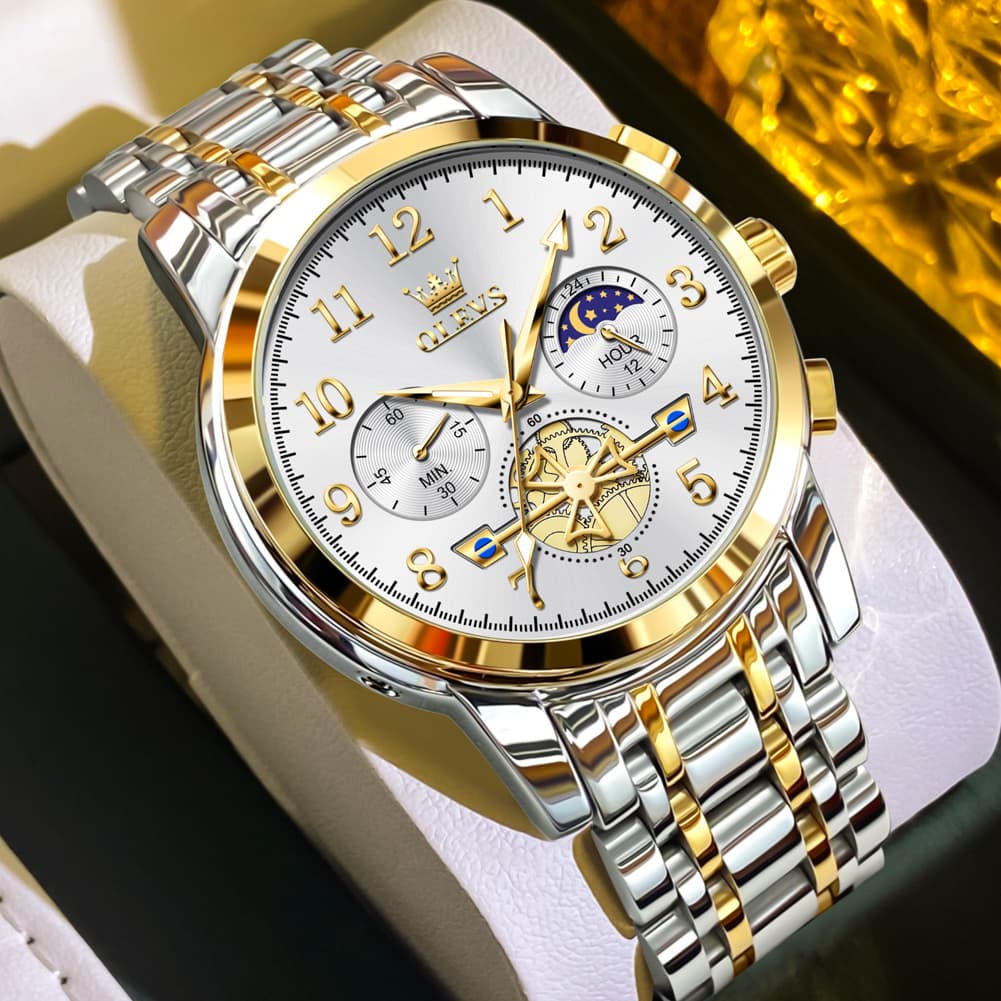 OLEVS 2900 Steel Chronograph Moon Phase Watch for Men - All Gold Watch | Olevs Watch Store