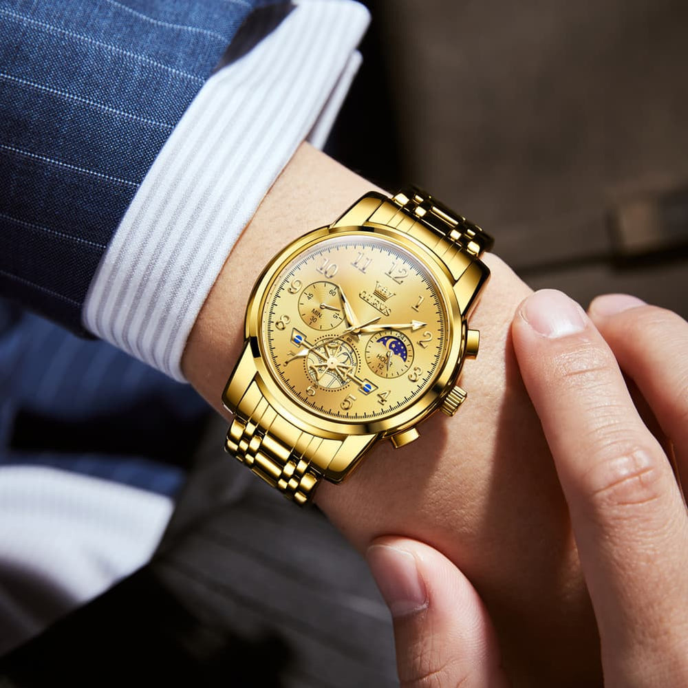 OLEVS 2900 Steel Chronograph Moon Phase Watch for Men - All Gold Watch | Olevs Watch Store