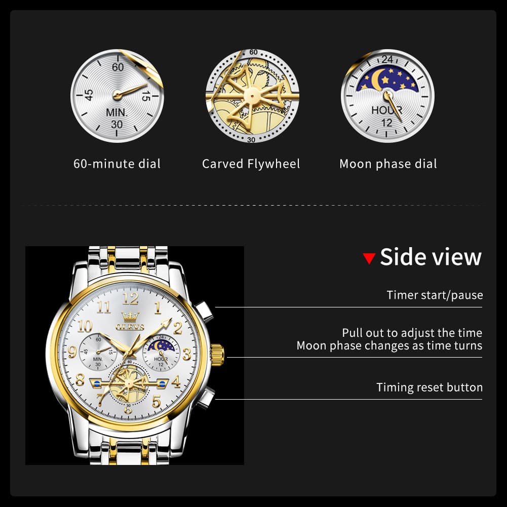 OLEVS 2900 Steel Chronograph Moon Phase Watch for Men - All Gold Watch | Olevs Watch Store