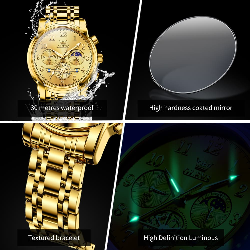 OLEVS 2900 Steel Chronograph Moon Phase Watch for Men - All Gold Watch | Olevs Watch Store