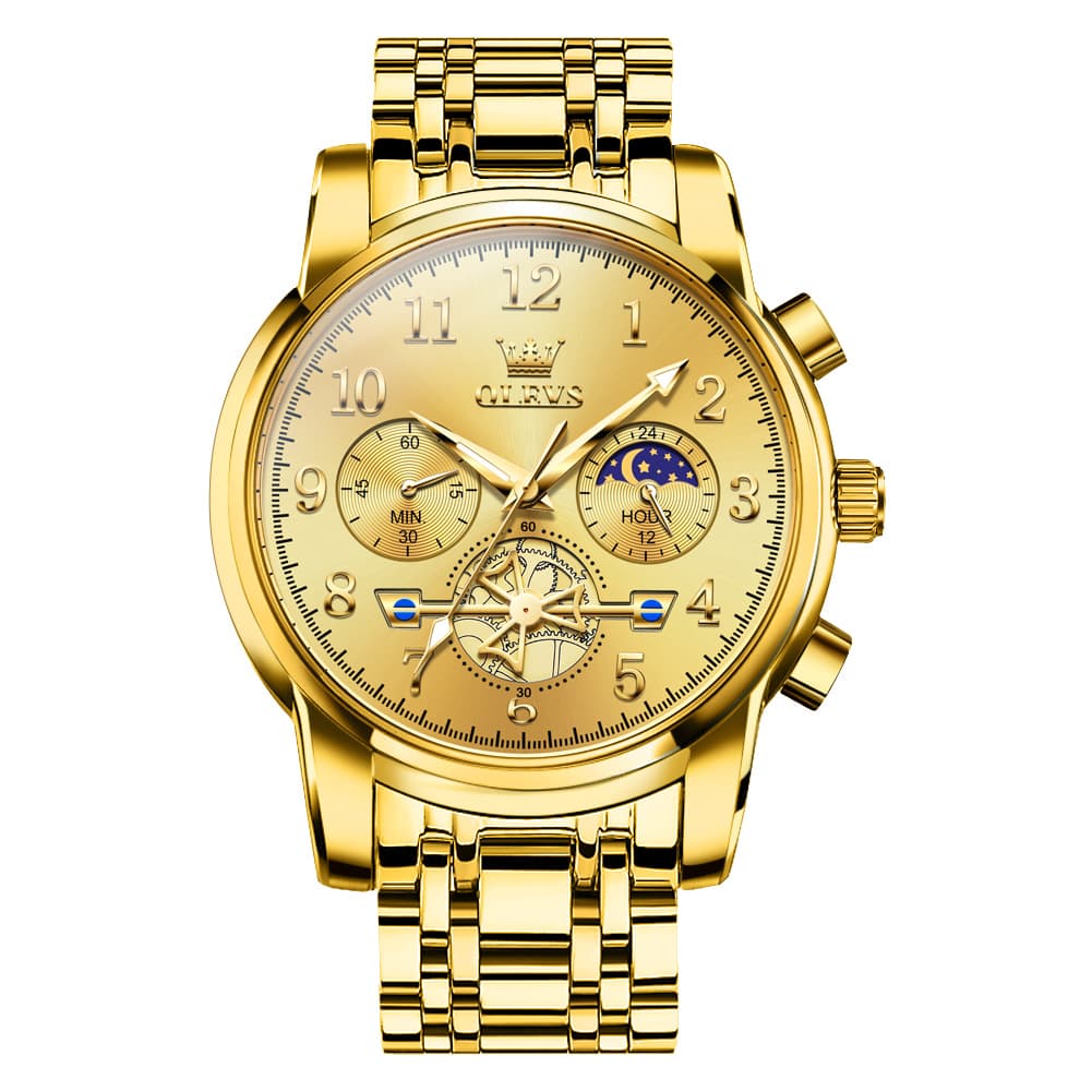 OLEVS 2900 Steel Chronograph Moon Phase Watch for Men - All Gold Watch | Olevs Watch Store