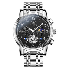 OLEVS 2900 Steel Chronograph Moon Phase Watch for Men - Silver Black Watch | Olevs Watch Store
