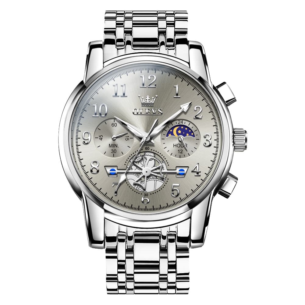 OLEVS 2900 Steel Chronograph Moon Phase Watch for Men - Silver Grey Watch | Olevs Watch Store