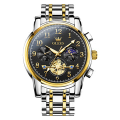 OLEVS 2900 Steel Chronograph Moon Phase Watch for Men - Gold Black Watch | Olevs Watch Store