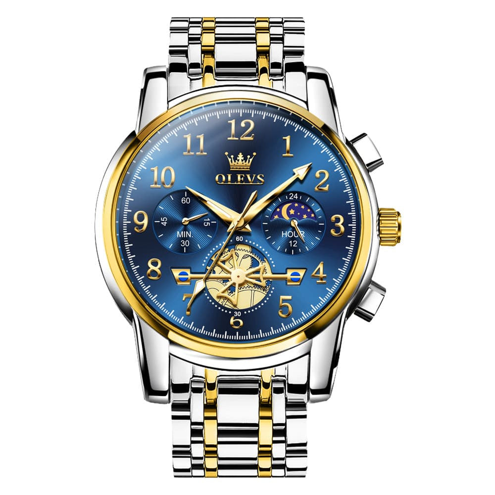 OLEVS 2900 Steel Chronograph Moon Phase Watch for Men - Gold Blue Watch | Olevs Watch Store