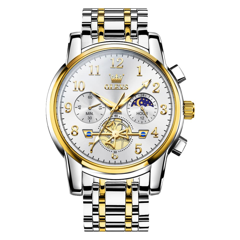 OLEVS 2900 Steel Chronograph Moon Phase Watch for Men - Gold White Watch | Olevs Watch Store