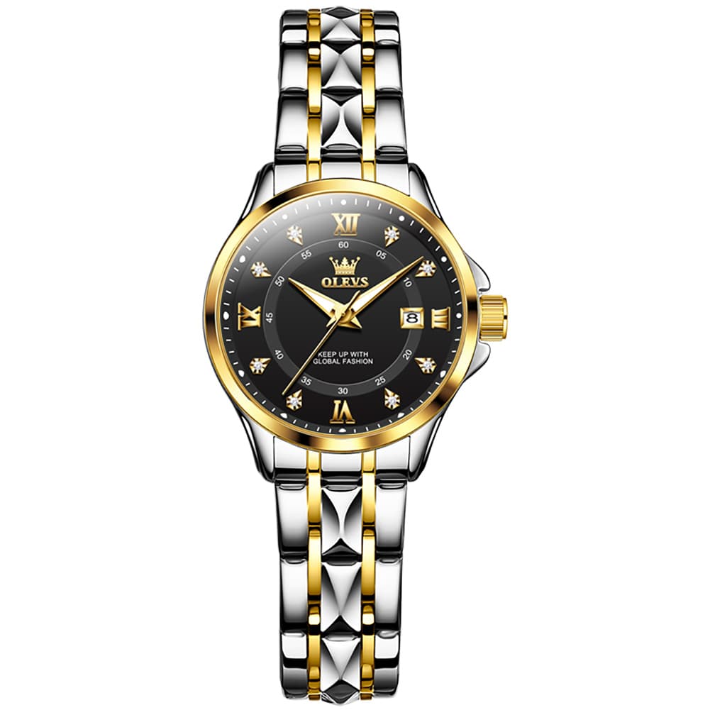 OLEVS 2906 Diamond Day Date Couples Watch Set Men Women - Two Tone Black Watch | Olevs Watch Store