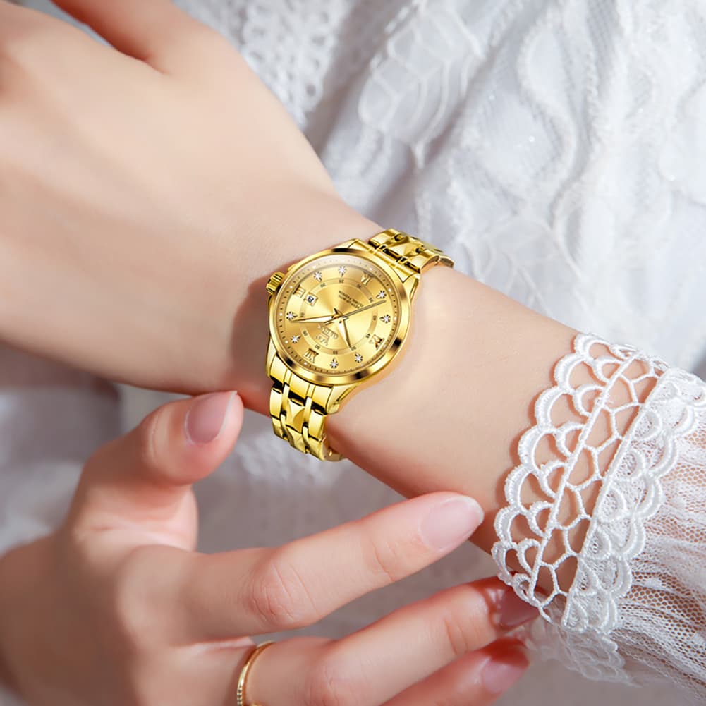 OLEVS 2906 Diamond Day Date Couples Watch Set Men Women - All Gold Watch | Olevs Watch Store