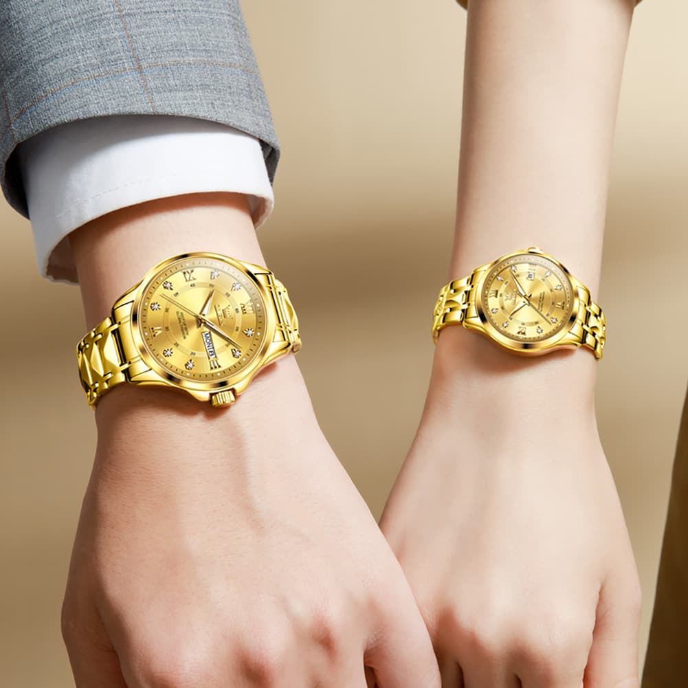 OLEVS 2906 Diamond Day Date Couples Watch Set Men Women - All Gold Watch | Olevs Watch Store