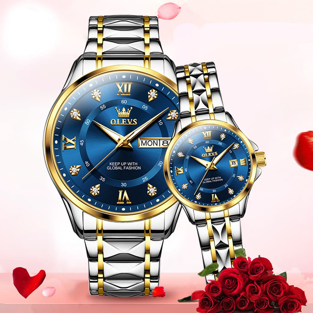 OLEVS 2906 Diamond Day Date Couples Watch Set Men Women - All Gold Watch | Olevs Watch Store