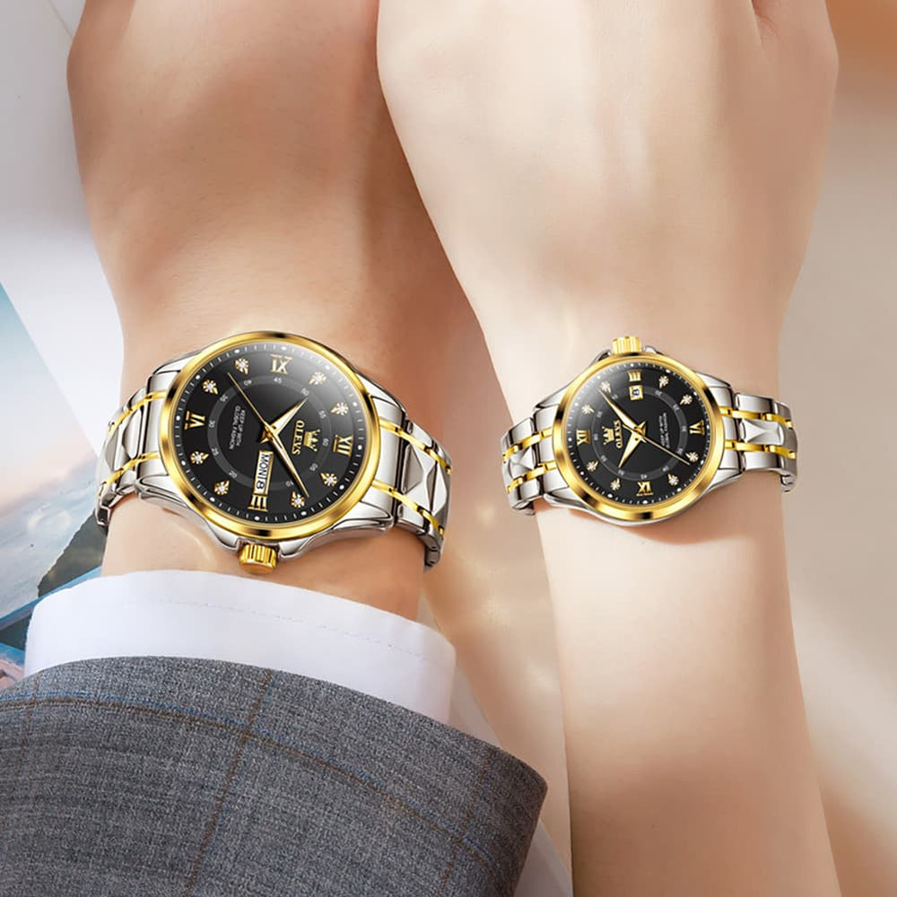 OLEVS 2906 Diamond Day Date Couples Watch Set Men Women - All Gold Watch | Olevs Watch Store