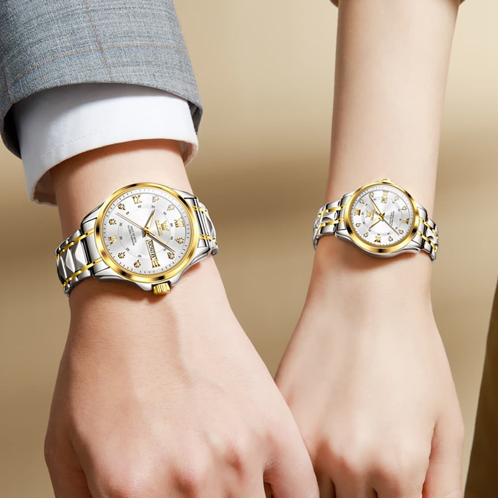 OLEVS 2906 Diamond Day Date Couples Watch Set Men Women - All Gold Watch | Olevs Watch Store