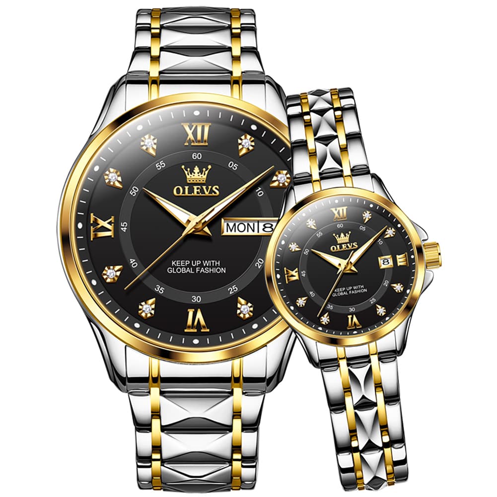 OLEVS 2906 Diamond Day Date Couples Watch Set Men Women - Two Tone Black Watch | Olevs Watch Store